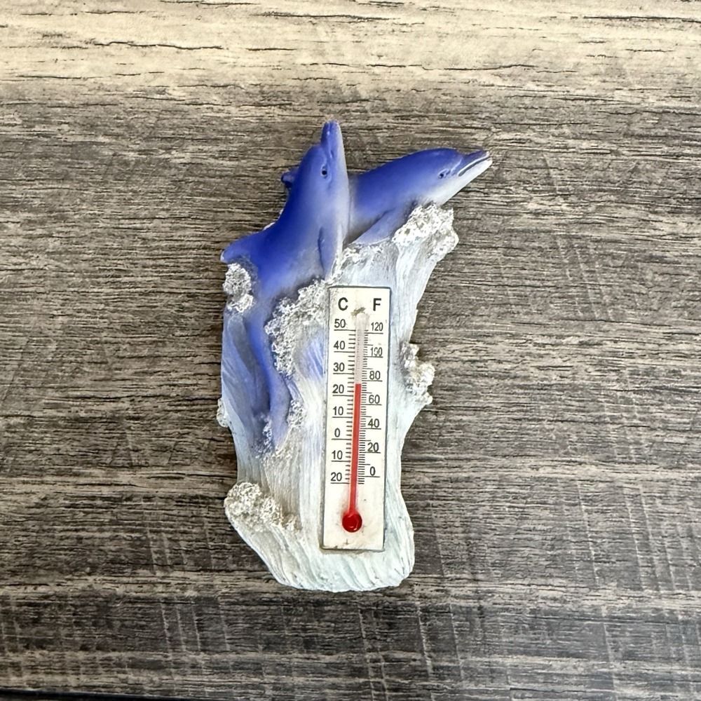 VTG Blue Dolphin Wall Thermometer Resin Plaque Nautical Ocean Beach Decor 3.5"